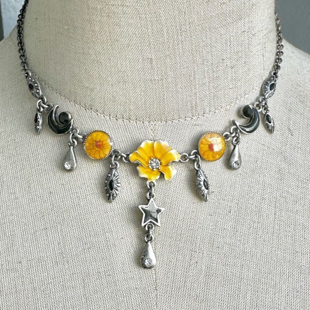Silver tone yellow and black flower necklace